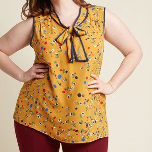 Modcloth Trimmed Tie Neck Sleeveless Top Mustard Wildflowers 2XL